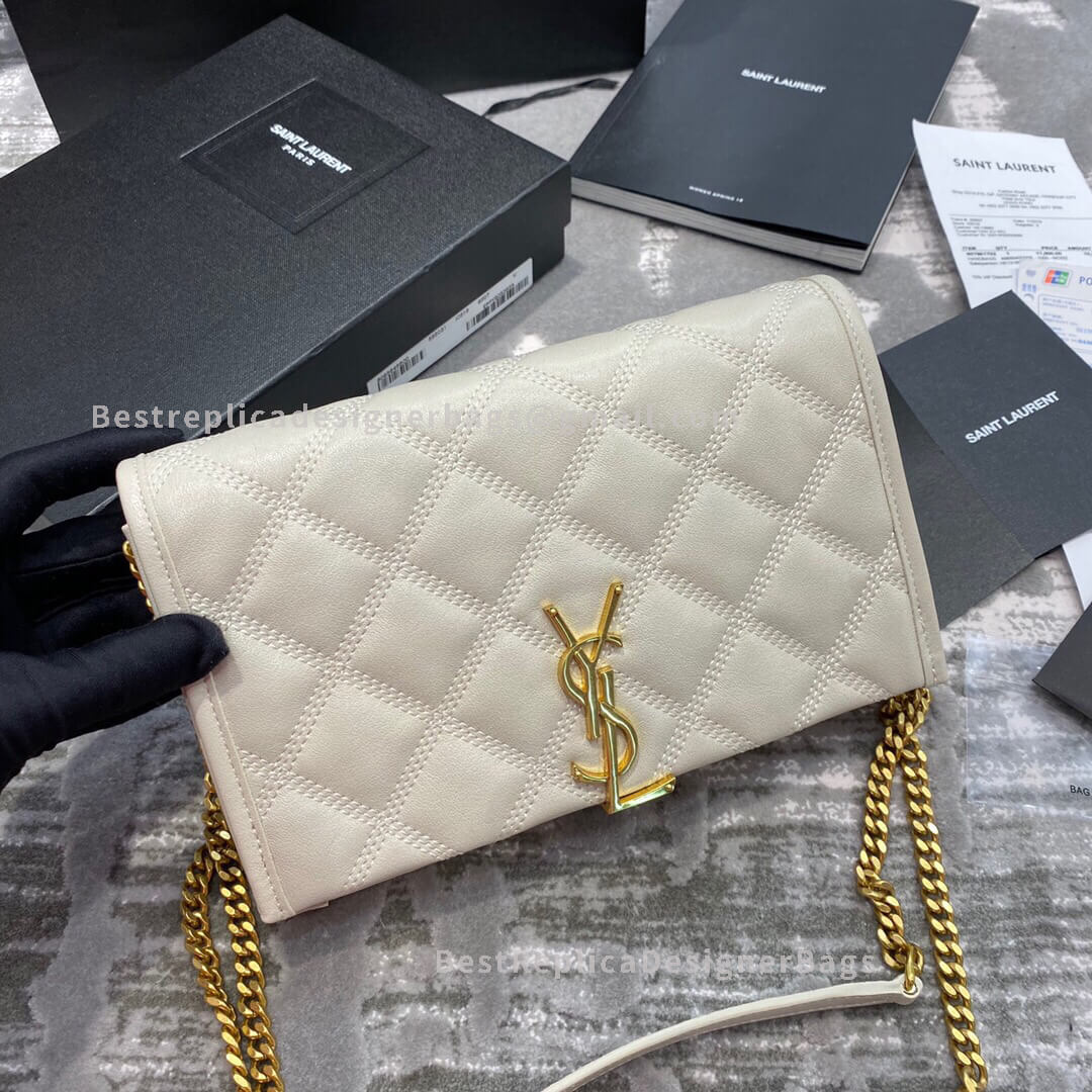 Saint Laurent Becky Chain Wallet In Diamond-Quilted Lambskin White GHW 585031